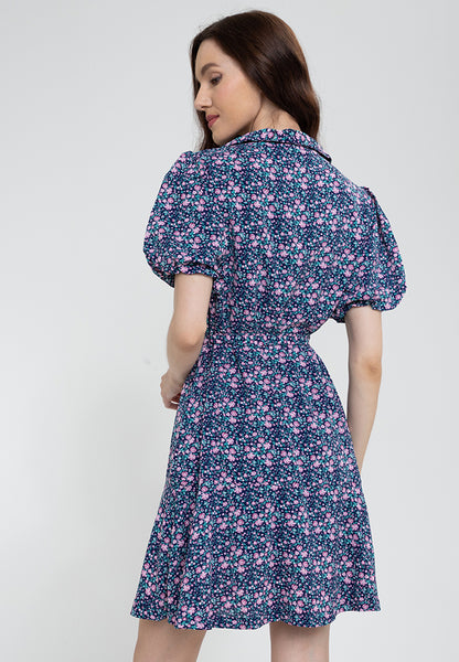 Krizia Button Down Collared Printed Puff Sleeve Dress