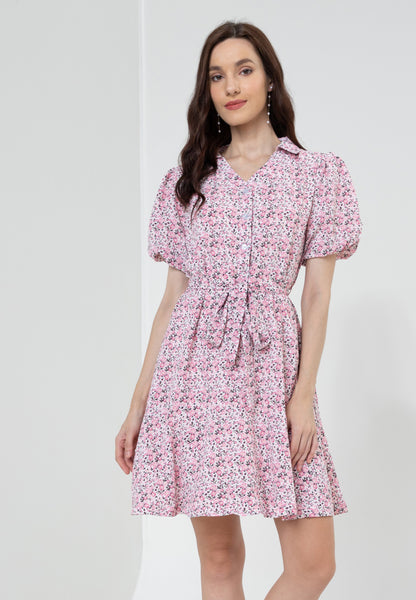 Krizia Button Down Collared Printed Puff Sleeve Dress