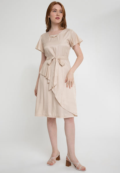 Krizia Overlap Drape Midi Dress with Crystal Necklace