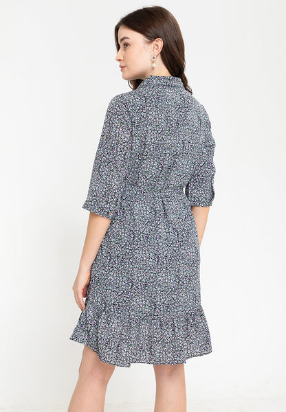 Krizia Printed Puff Sleeves Flounce Hem Shirt Dress