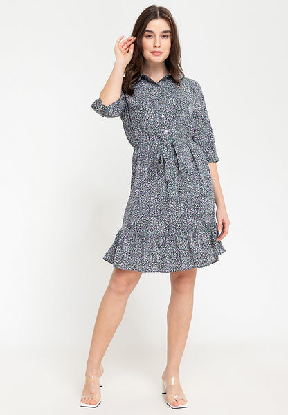 Krizia Printed Puff Sleeves Flounce Hem Shirt Dress