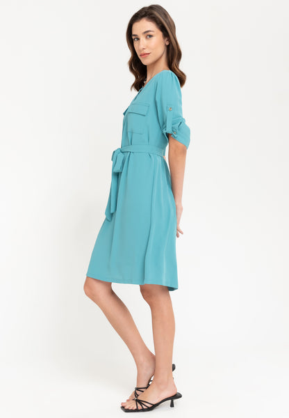 Krizia Cotton Blend Button Down Roll Tab Tie Waist Midi Dress