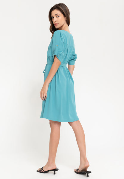 Krizia Cotton Blend Button Down Roll Tab Tie Waist Midi Dress