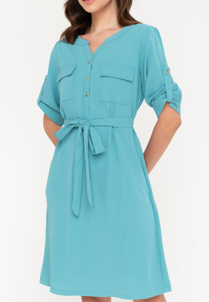 Krizia Cotton Blend Button Down Roll Tab Tie Waist Midi Dress