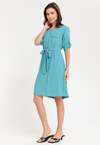 Krizia Cotton Blend Button Down Roll Tab Tie Waist Midi Dress