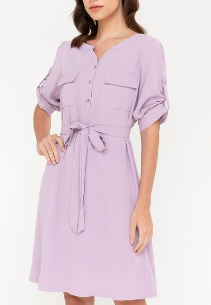 Krizia Cotton Blend Button Down Roll Tab Tie Waist Midi Dress