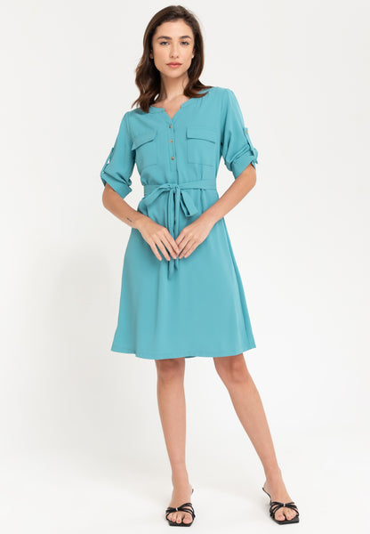 Krizia Cotton Blend Button Down Roll Tab Tie Waist Midi Dress