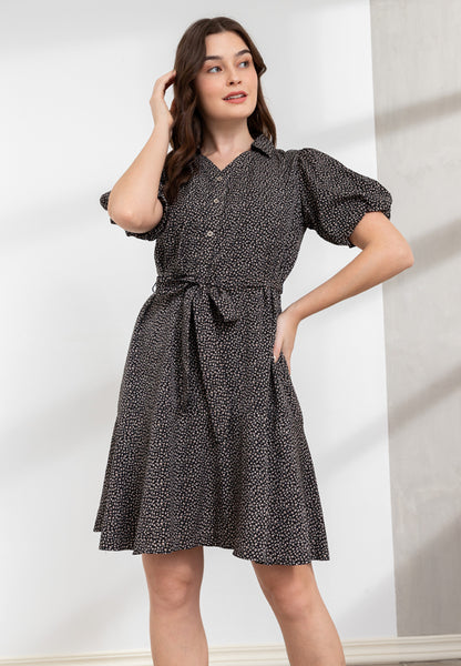 Krizia Button Down Collared Printed Puff Sleeve Dress