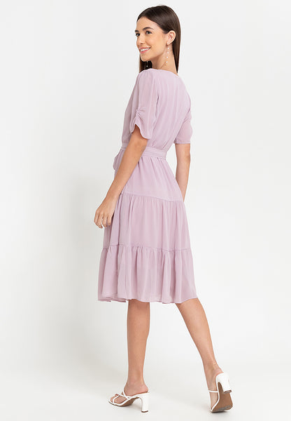 Krizia Puff Sleeves Wrap Flounce Hem Midi Dress
