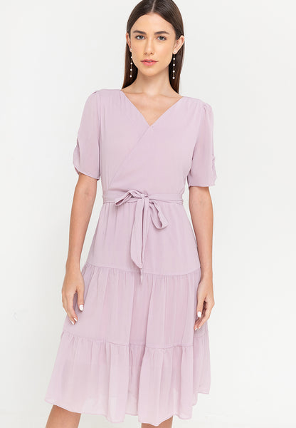 Krizia Puff Sleeves Wrap Flounce Hem Midi Dress