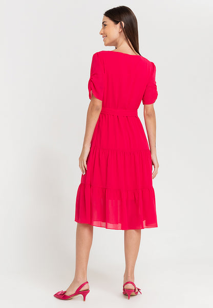 Krizia Puff Sleeves Wrap Flounce Hem Midi Dress