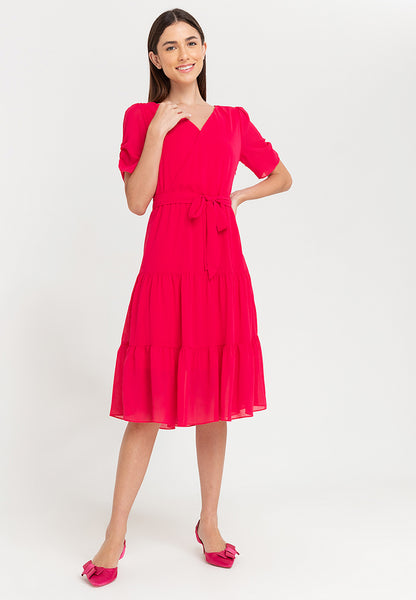 Krizia Puff Sleeves Wrap Flounce Hem Midi Dress