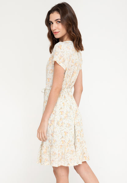 Krizia Flare Sleeve Button Down Flounce Hem Drawstring Printed Midi Dress