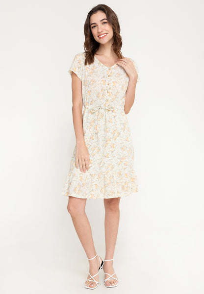 Krizia Flare Sleeve Button Down Flounce Hem Drawstring Printed Midi Dress