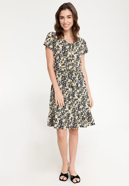 Krizia Flare Sleeve Button Down Flounce Hem Drawstring Printed Midi Dress