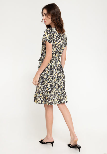 Krizia Flare Sleeve Button Down Flounce Hem Drawstring Printed Midi Dress