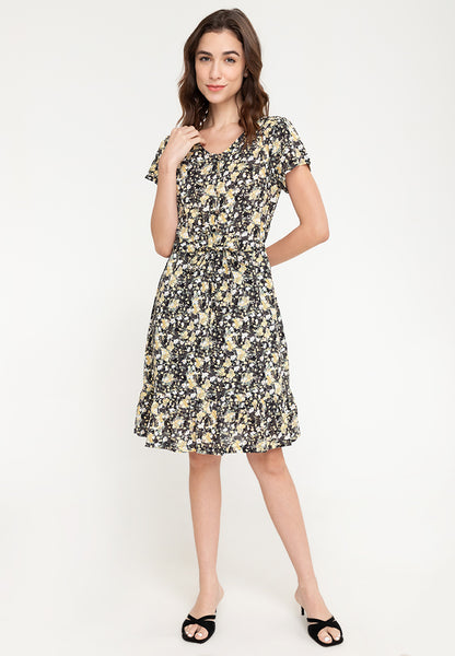 Krizia Flare Sleeve Button Down Flounce Hem Drawstring Printed Midi Dress