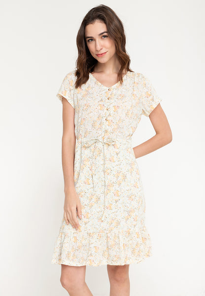Krizia Flare Sleeve Button Down Flounce Hem Drawstring Printed Midi Dress