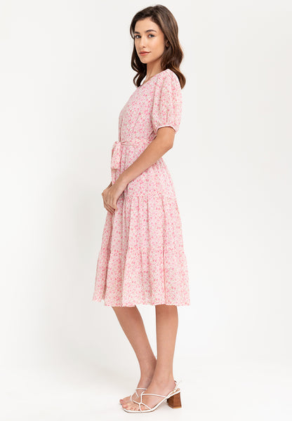 Krizia Puff Sleeves Tiered Smocked Midi Dress
