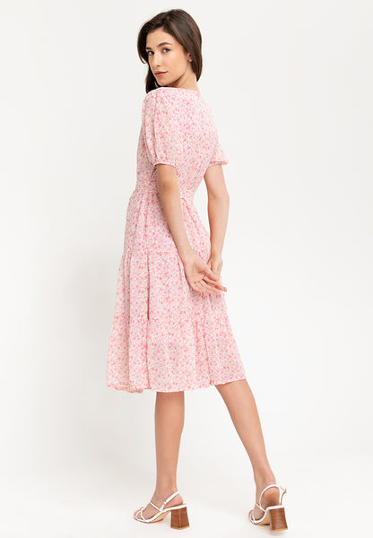 Krizia Puff Sleeves Tiered Smocked Midi Dress