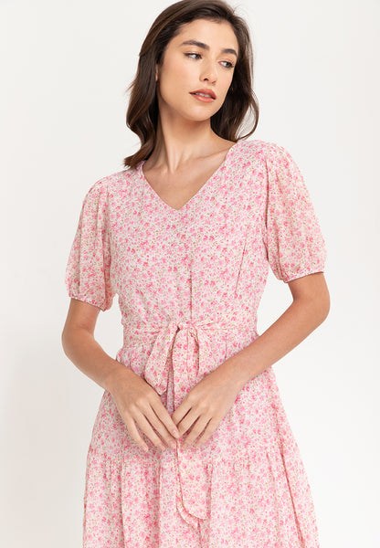 Krizia Puff Sleeves Tiered Smocked Midi Dress