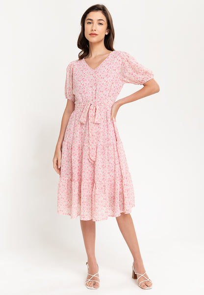 Krizia Puff Sleeves Tiered Smocked Midi Dress