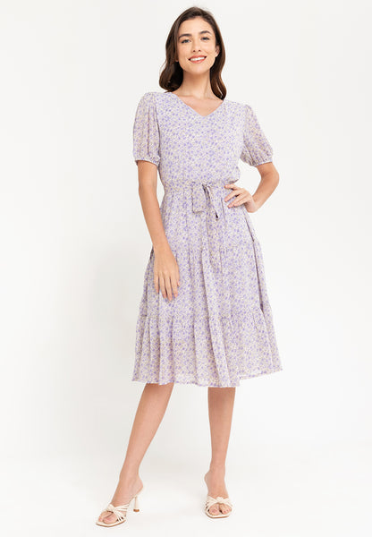 Krizia Puff Sleeves Tiered Smocked Midi Dress