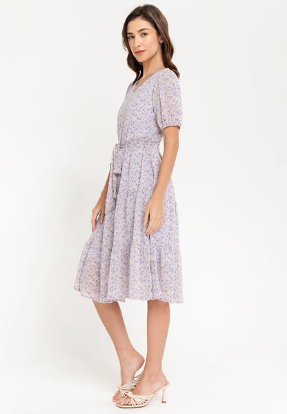 Krizia Puff Sleeves Tiered Smocked Midi Dress