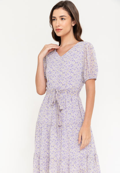 Krizia Puff Sleeves Tiered Smocked Midi Dress
