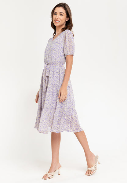 Krizia Puff Sleeves Tiered Smocked Midi Dress