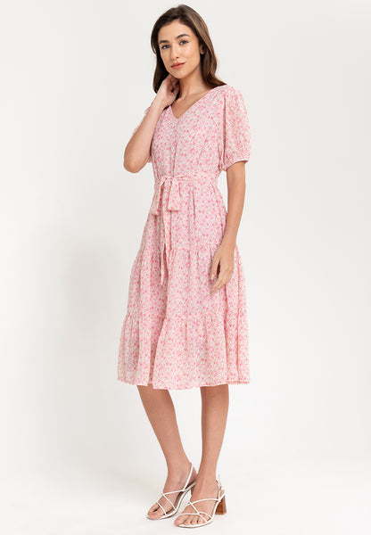Krizia Puff Sleeves Tiered Smocked Midi Dress