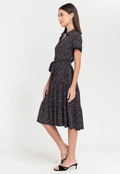 Krizia Printed Collar Button Down Tie Waist Frill Hem Shirt Dress with Trimmings Korean Style