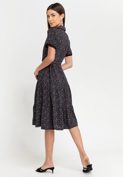 Krizia Printed Collar Button Down Tie Waist Frill Hem Shirt Dress with Trimmings Korean Style