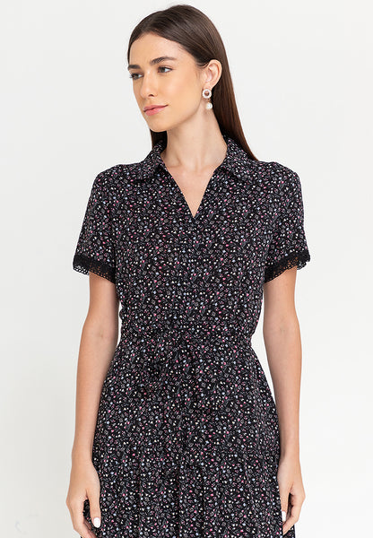 Krizia Printed Collar Button Down Tie Waist Frill Hem Shirt Dress with Trimmings Korean Style