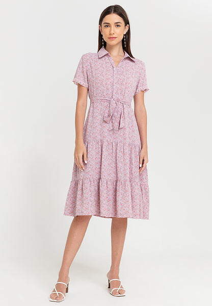 Krizia Printed Collar Button Down Tie Waist Frill Hem Shirt Dress with Trimmings Korean Style