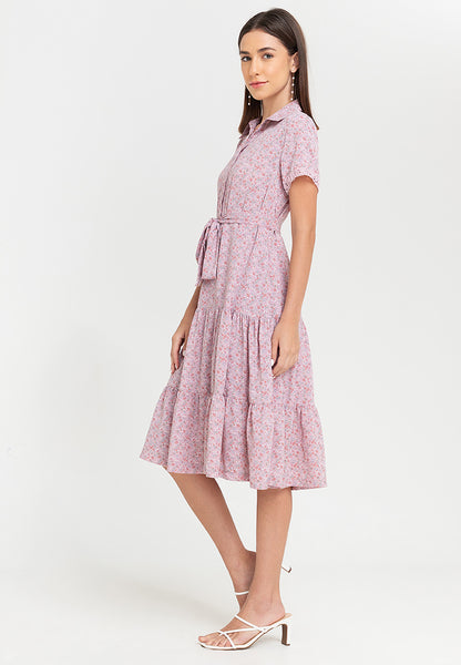 Krizia Printed Collar Button Down Tie Waist Frill Hem Shirt Dress with Trimmings Korean Style