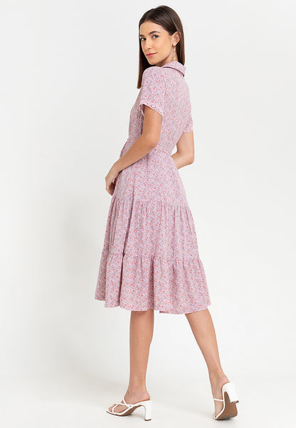 Krizia Printed Collar Button Down Tie Waist Frill Hem Shirt Dress with Trimmings Korean Style