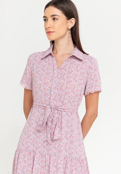 Krizia Printed Collar Button Down Tie Waist Frill Hem Shirt Dress with Trimmings Korean Style