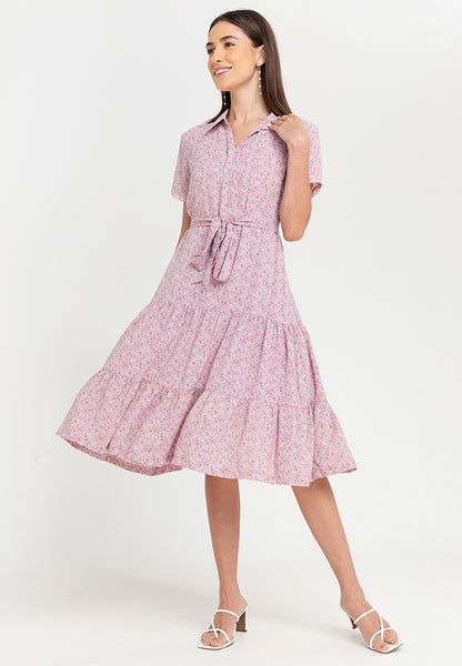 Krizia Printed Collar Button Down Tie Waist Frill Hem Shirt Dress with Trimmings Korean Style