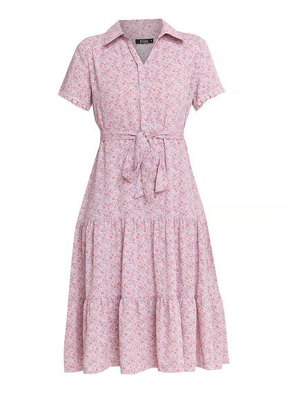 Krizia Printed Collar Button Down Tie Waist Frill Hem Shirt Dress with Trimmings Korean Style