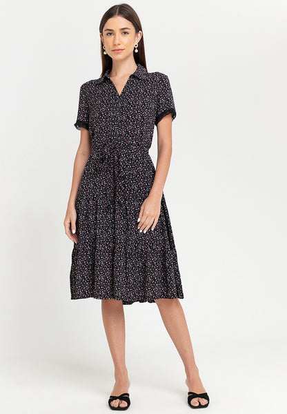 Krizia Printed Collar Button Down Tie Waist Frill Hem Shirt Dress with Trimmings Korean Style