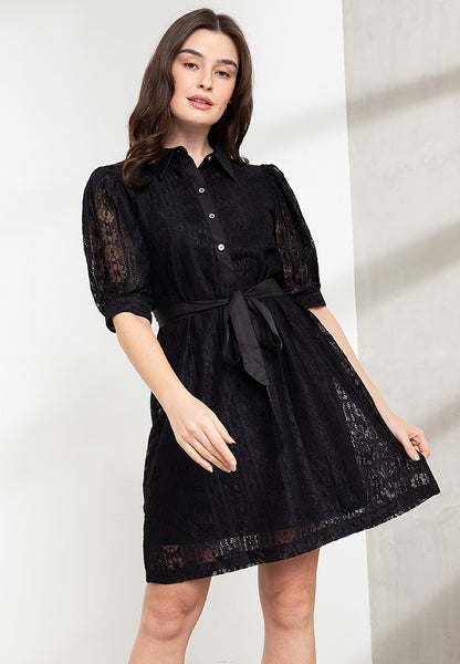 Krizia Puff Sleeves Lace Shirt Dress