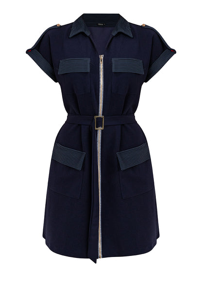 Krizia Front Zipper Collared Shirt Dress with Belt