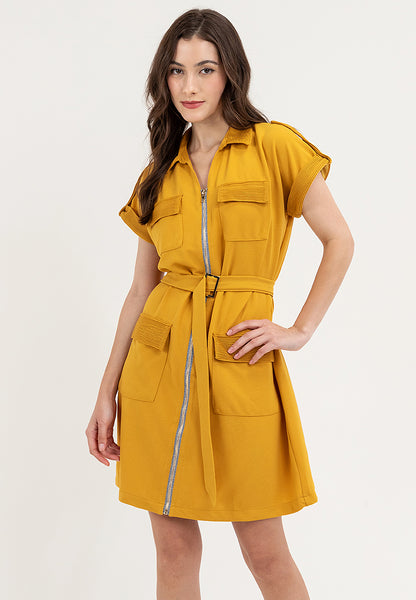 Krizia Front Zipper Collared Shirt Dress with Belt