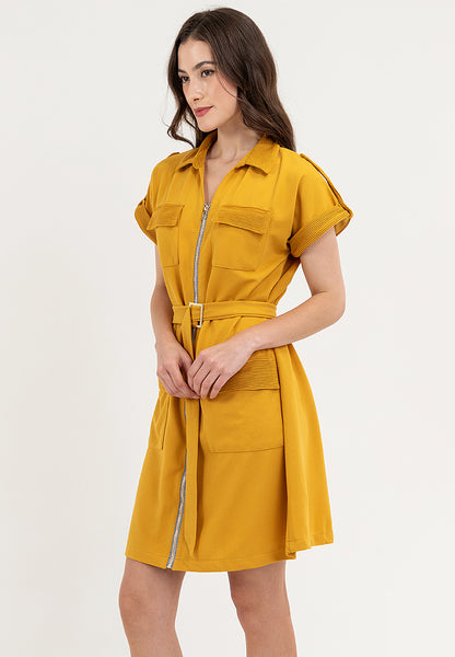 Krizia Front Zipper Collared Shirt Dress with Belt