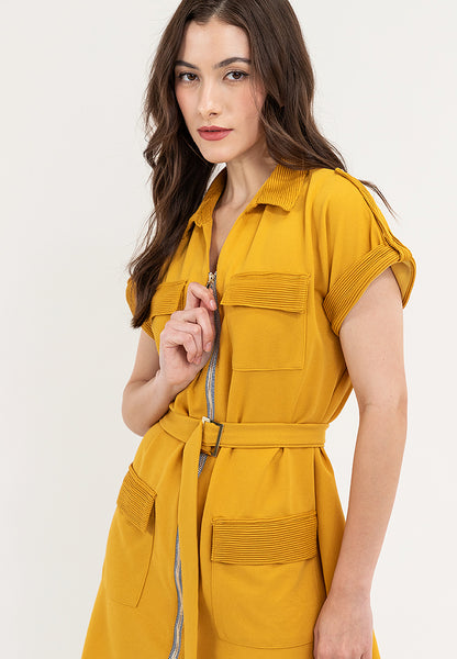 Krizia Front Zipper Collared Shirt Dress with Belt
