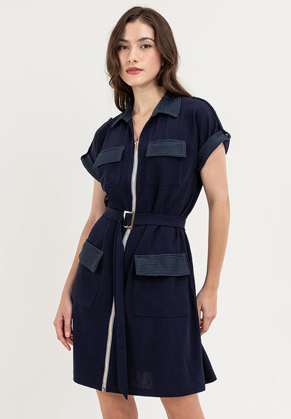 Krizia Front Zipper Collared Shirt Dress with Belt