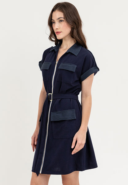 Krizia Front Zipper Collared Shirt Dress with Belt