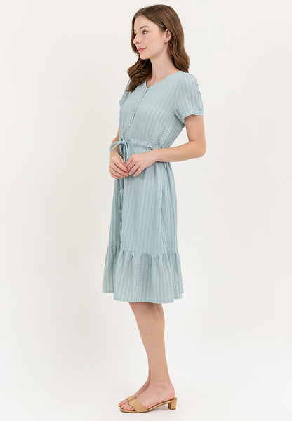 Krizia V-Neck Button Down Drawstring Flounce Hem Dress