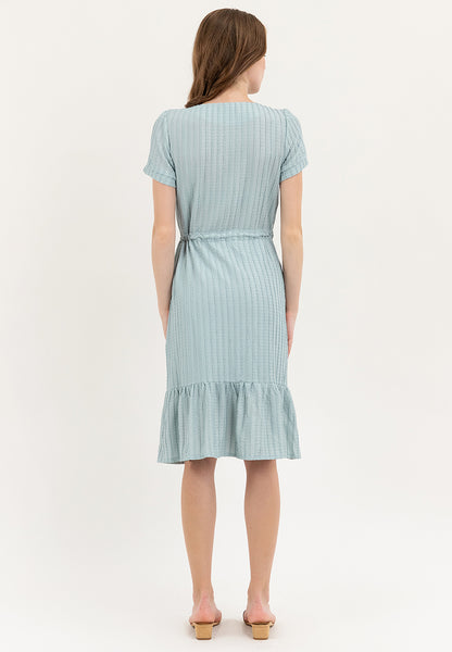 Krizia V-Neck Button Down Drawstring Flounce Hem Dress